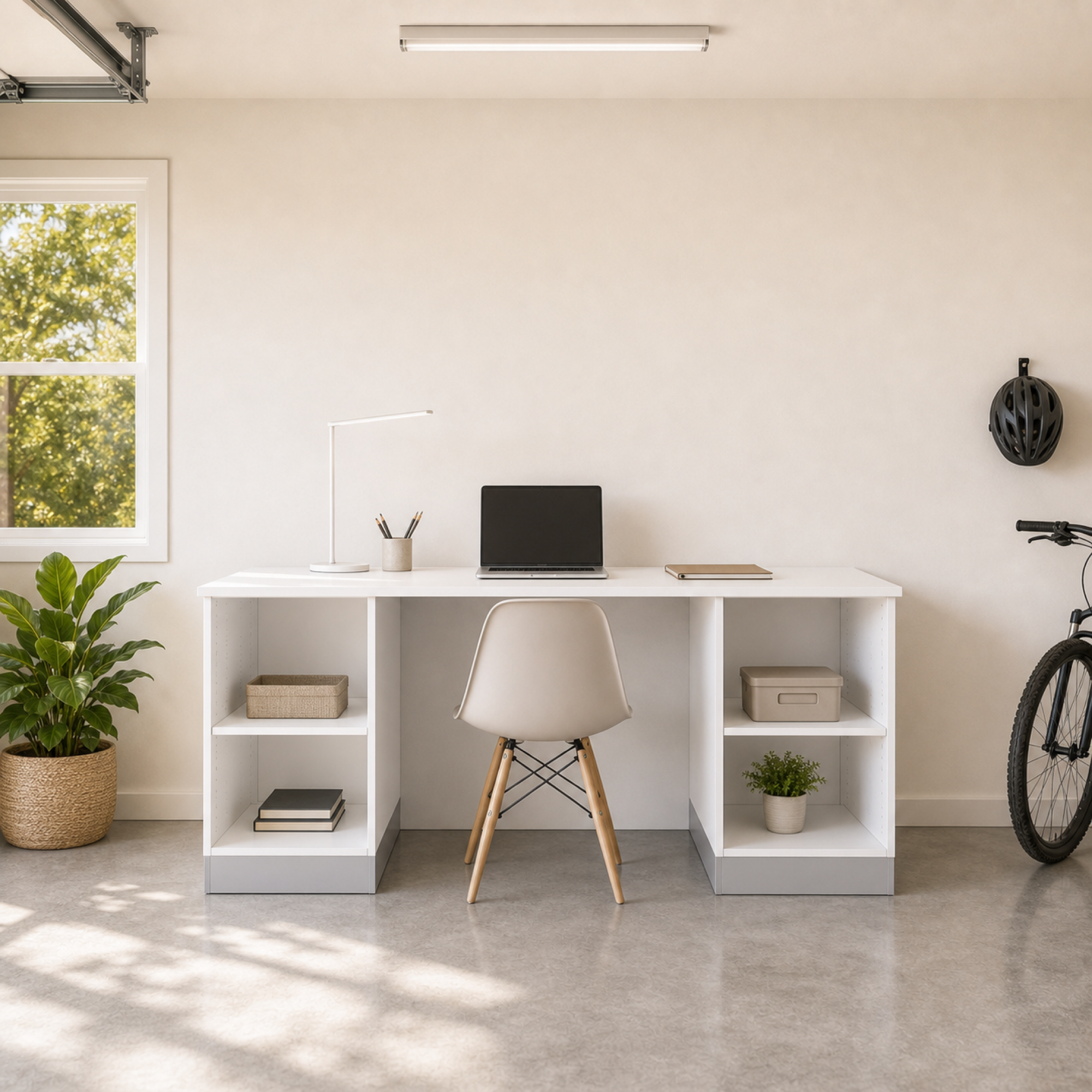 Klovo 6 ft garage desk set installed as a home office nook