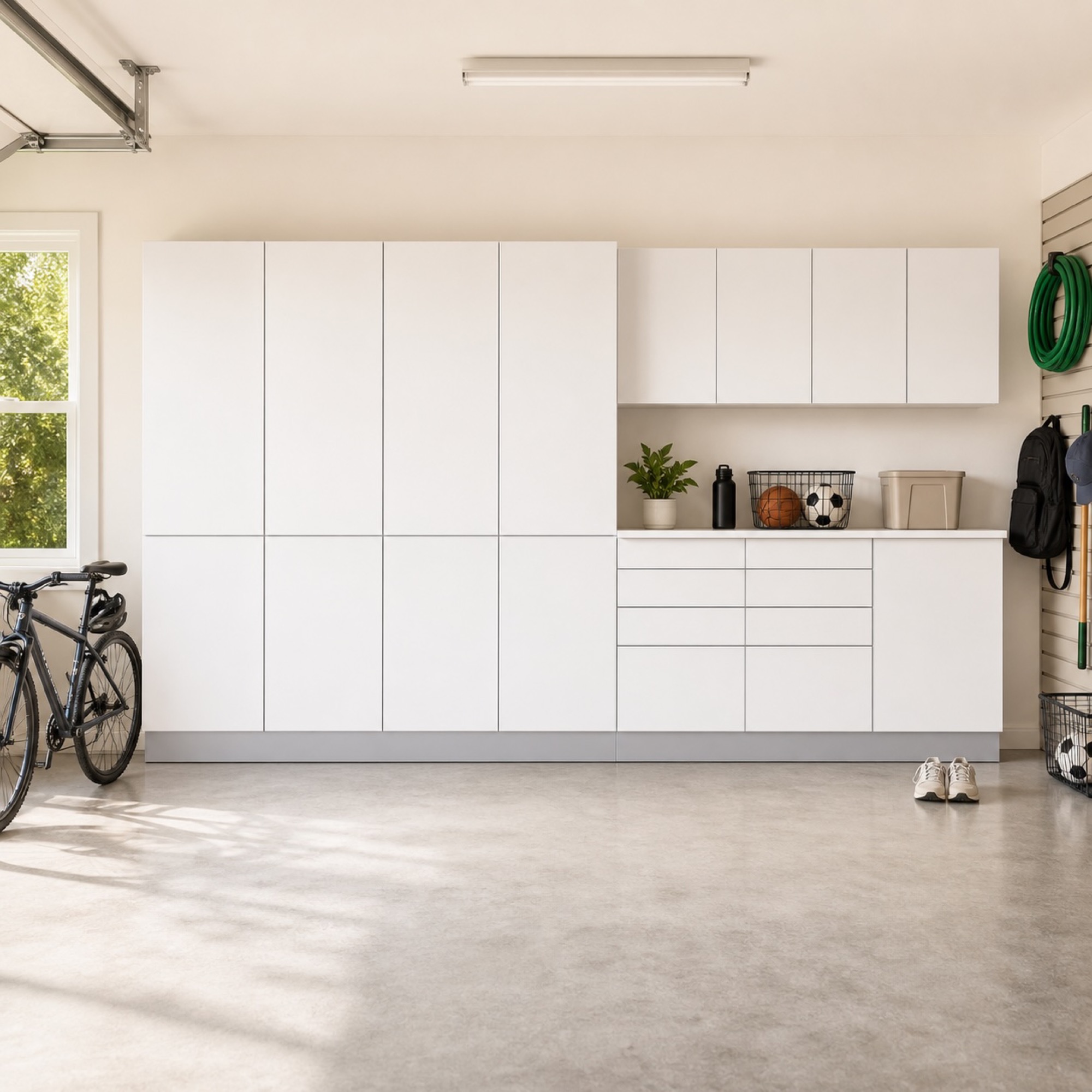 Wide-angle view of the Klovo 15 ft two-car garage wall installed